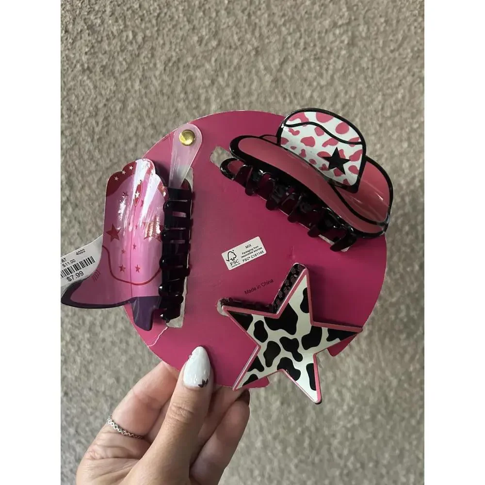 Pink Linen Yeehaw Hair Clip Set NWT Cowgirl Western Boot Star Hat Cute Cowprint